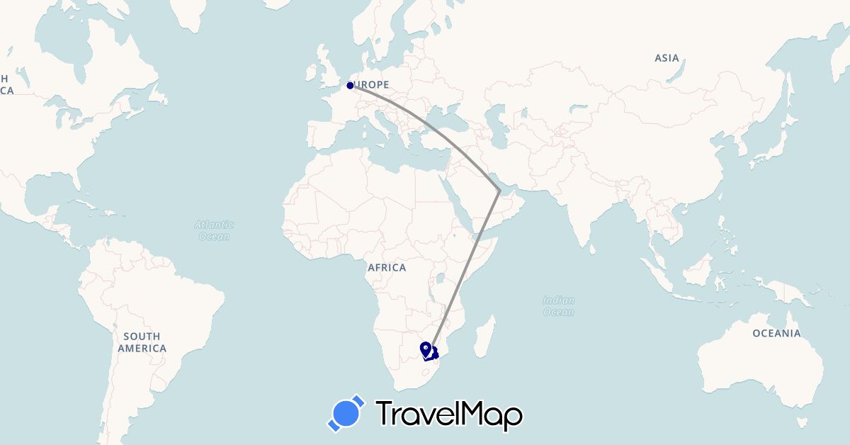TravelMap itinerary: driving, plane in Belgium, Qatar, South Africa (Africa, Asia, Europe)